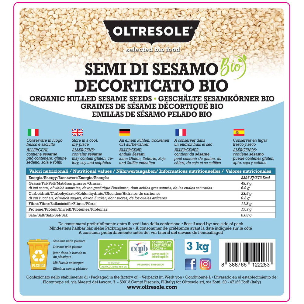 Graines de sésame biologiques 3 kg, graines oléagineuses biologiques crues, sésame blanc, décortiquées naturellement, non torréfiées, source de calcium et de fer, emballage économique