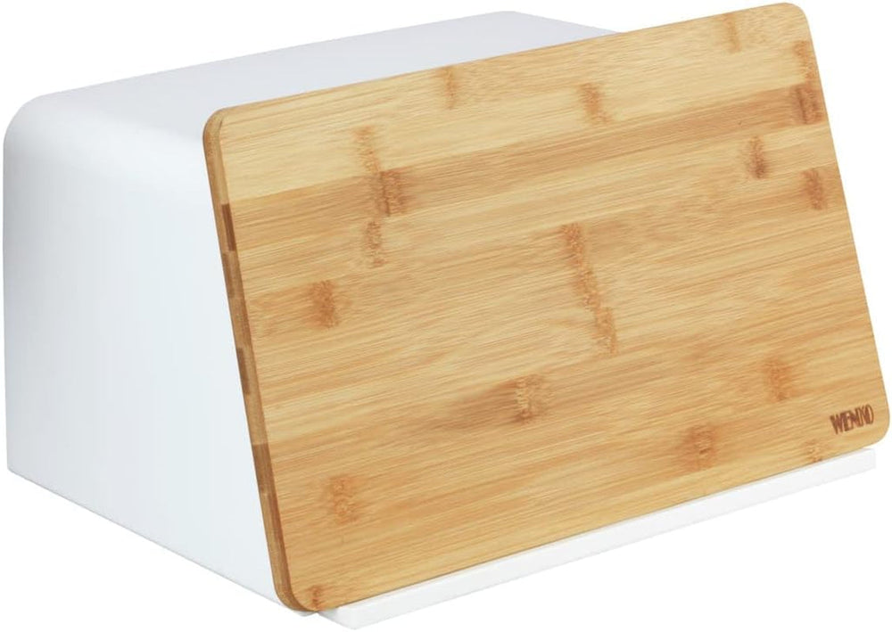 WENKO Kubo Corbeille à Pain avec Planche en Bambou, Rangement à Pain Polyvalent avec Couvercle et Planche à Découper en Bambou Intégrée, Boîte de Conservation des Aliments, Rangement du Pain Durable, 35 x 20,5 x 26 cm, Noir/Naturel Naty Shop Boîtes de Conservation des Aliments Blanc/Marron