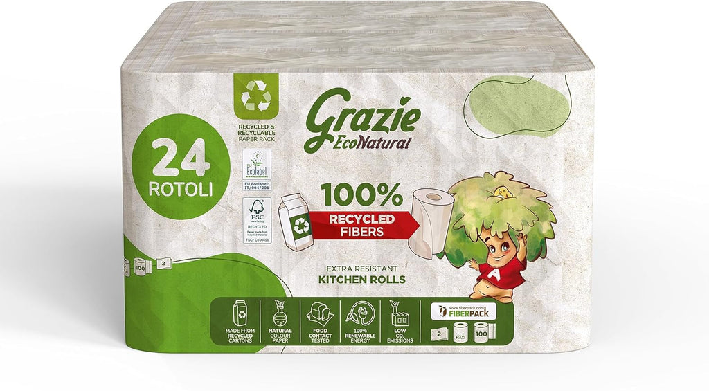 Grazie Natural, hârtie igienică Maxi Ecol FSC Paperpack, 12 role, testată dermatologic, hârtie igienică 100% reciclată, ecologică, fabricată în Italia