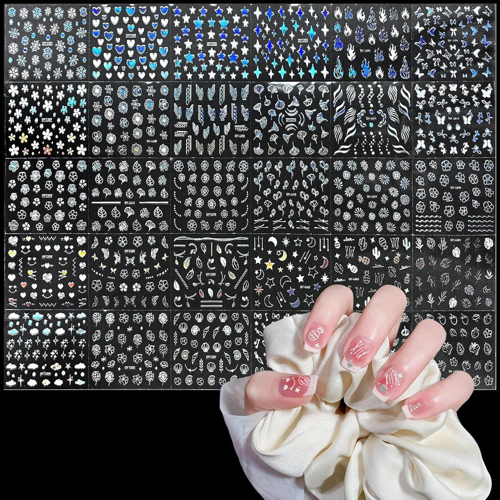 3D Nagelsticker Aurora 30 Blatt Gold Nail Art Sticker Selbstklebend Nagelaufkleber Holografisches Stern Herz Dekoration Nageldesign Zubehör