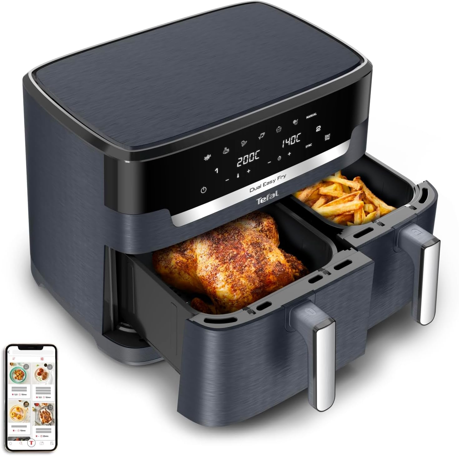 Friteuse à air chaud Tefal Dual Easy Fry avec deux chambres, capacité 5,2/3,1 litres, deux tiroirs indépendants, 7 programmes Électroménager Naty Shop Gris / Anthracite