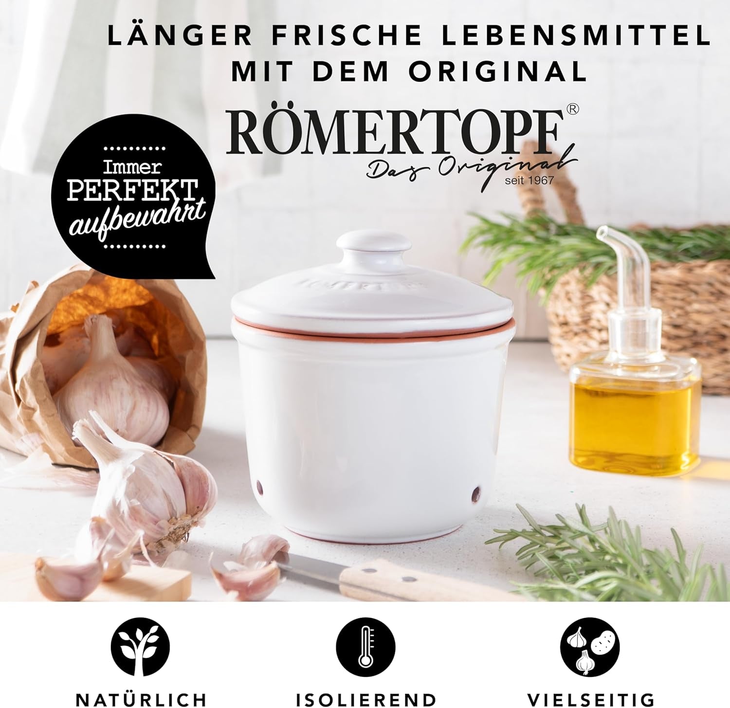 Römertopf Fresh Pot MINI 0,6 litres - Pot à ail en céramique - L'argile respirante garde les légumes frais plus longtemps - Circulation d'air idéale - Boîtes de conservation blanches Naty Shop