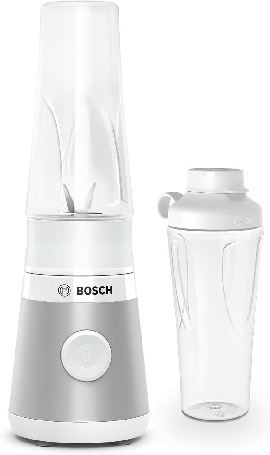 Bosch Mini-Standmixer Vitapower Serie 2 MMB2111S, Highspeed-Mixer, Bis Zu 40.000 Rpm, Tritan Togo-Flasche 0,6 L, Trinkdeckel, Bruchsicher,Spülmasch.Geeignete Teile, 450W, Silber/Schwarz Bucatarie Naty Shop Single Silber / Weiß