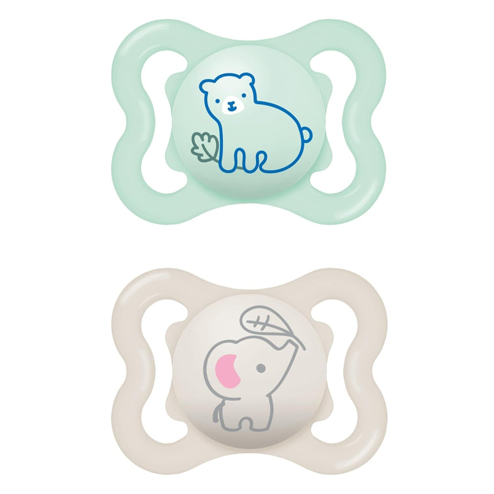 MAM Air Lot de 2 Sucettes en Silicone Extra Légères et Aérées Sucette pour Bébé Respectueuse des Dents en Silicone Spécial MAM SkinSoft avec Boîte à Sucette 6-16 Mois Ours/Rhinocéros