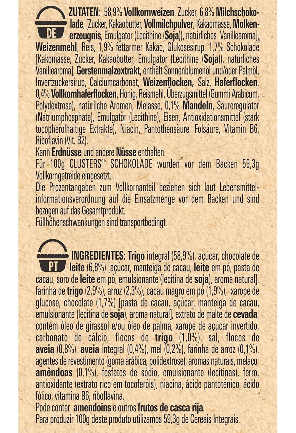 Nestlé CLUSTERS Chocolat, Céréales à 59% de grains entiers, au chocolat et aux amandes, contient des vitamines, du calcium et du fer, 1 sachet (1 x 330g)