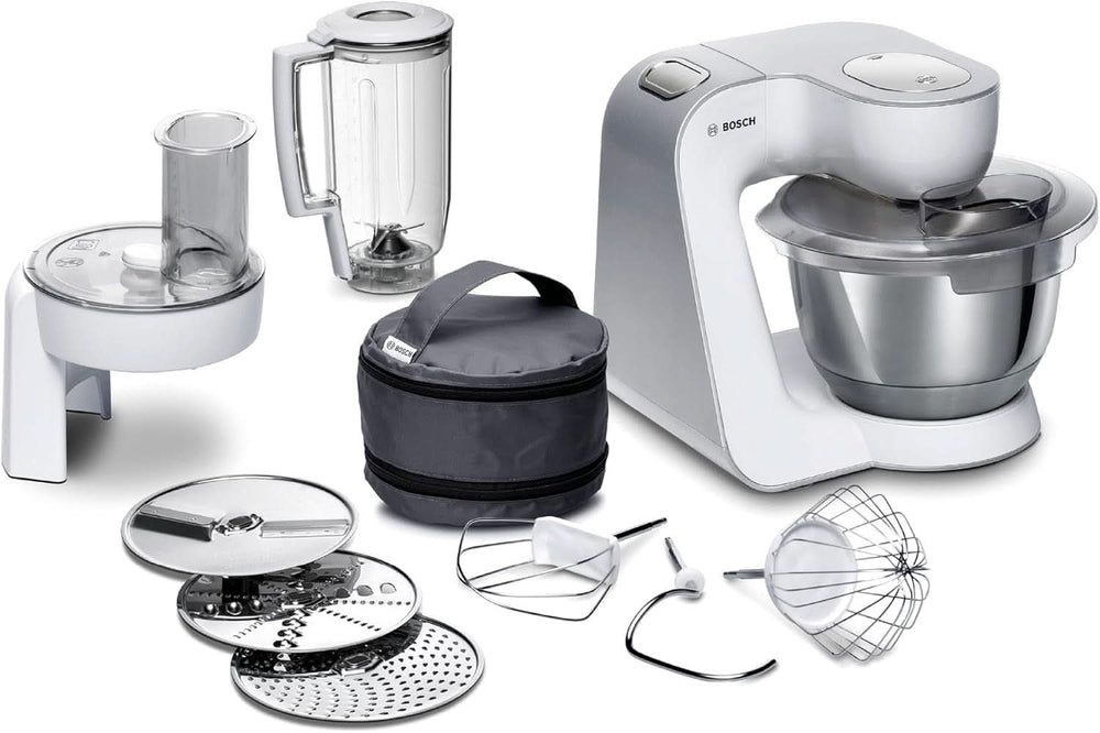 Bosch Küchenmaschine Serie 4 Mum58720, Edelstahl-Schüssel 3,9 L, Mixer 1,25 L, Planetenrührwerk, Knethaken, Schlag, Rührbesen, Durchlaufschnitzler, 3 Scheiben, 1000 W, Dunkelrot/Silber Mother and Child Naty Shop Weiß / Silber