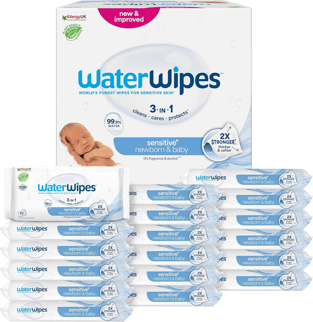 WaterWipes Sensitive+ Lingettes humides pour nouveau-nés et bébés, 240 unités (paquet de 4), nettoyage, entretien, protection 3 en 1, 99,9 % d'eau, sans parfum