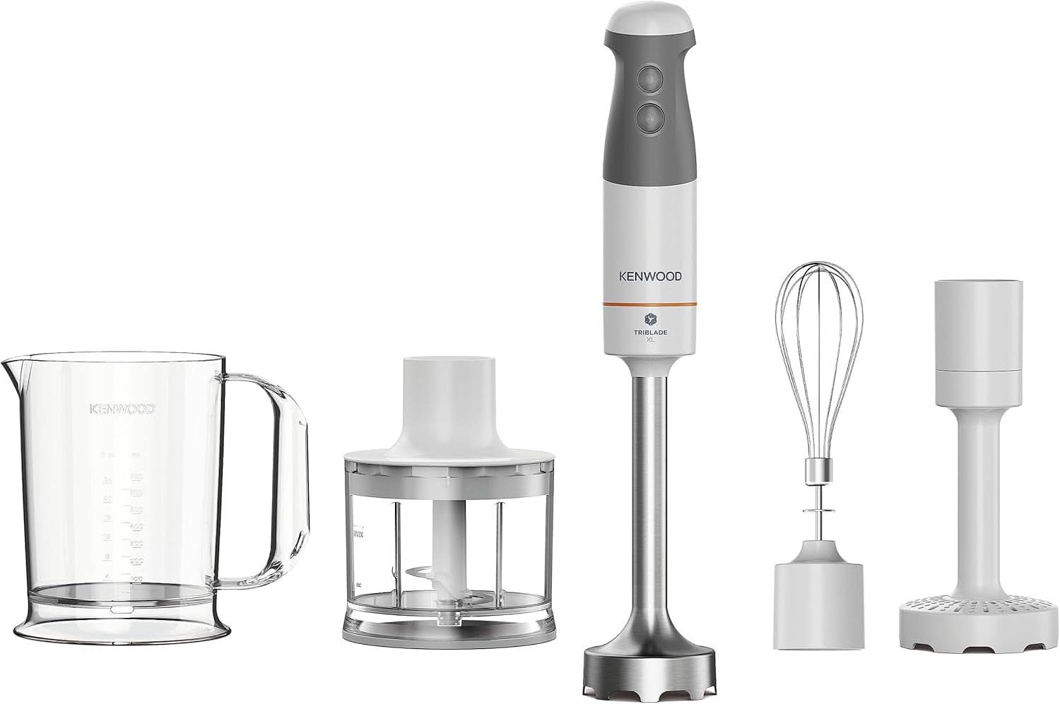 Kenwood Triblade XL Pro Stabmixer HBM80.322BK, 1200W, vitesses variables, Edelstahl(Pürierfuß), Schneebesen, Emulgieraufsatz, 500Ml Zerkleiner, 700 & 250Ml Becher, Spülmaschinenfeste Teile Bucatarie Naty Shop Weiß/Grau Hbm40.306Wh