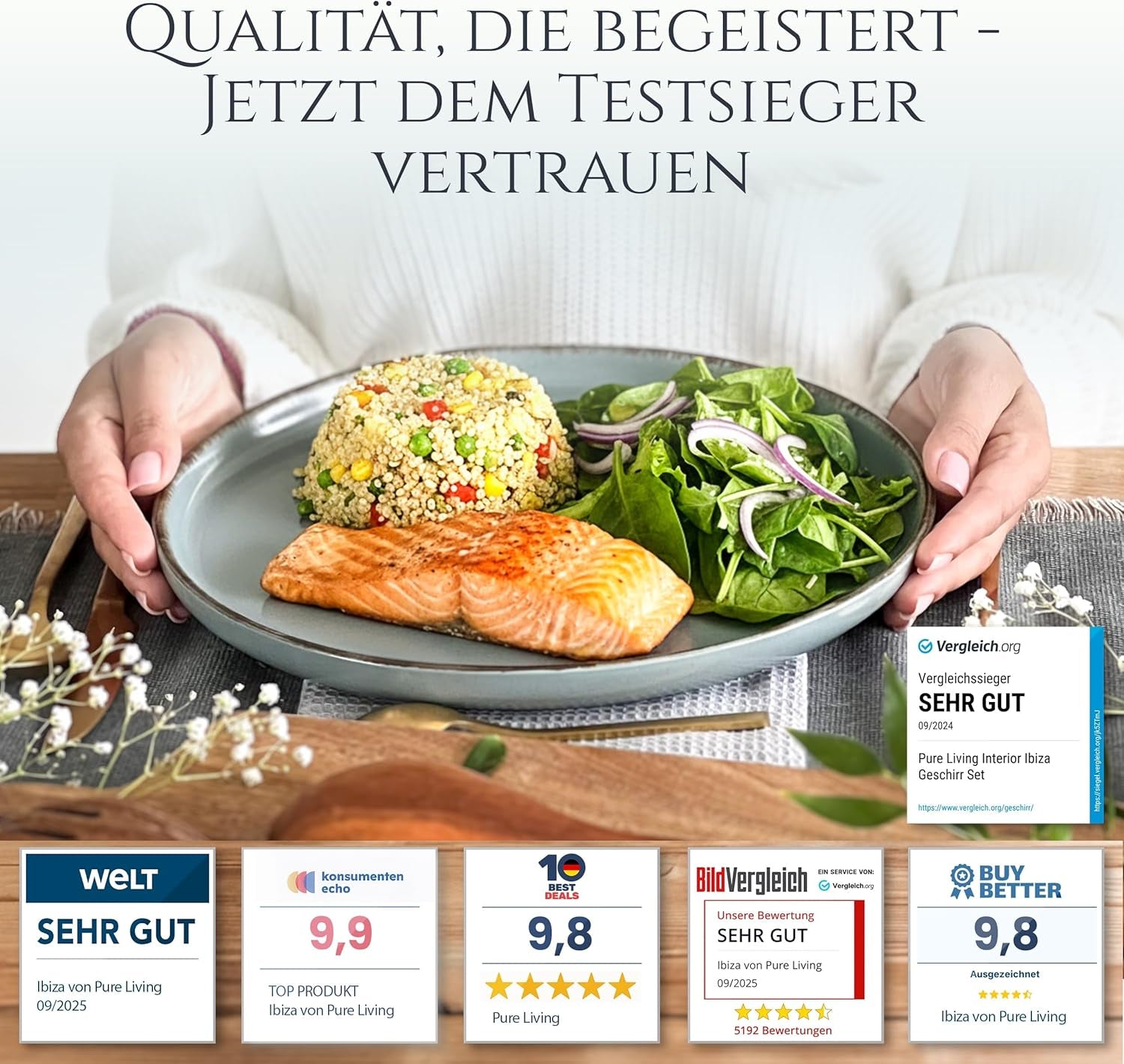 Steingut Geschirrset 6 Personen Rustique 24 tlg. TESTSIEGER, Hochwertiges Landhaussttil Steingut Geschirr Set, Schüssel- und Teller Set, Tafelservice 6 Personen, Geschirrsets Pure Living à Rauchblau