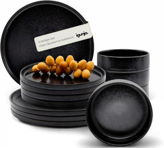 Ensemble de bols et assiettes en grès noir [12 pièces pour 4 personnes] Ensemble de vaisselle noir 100 % fait main avec glaçage réactif de qualité supérieure