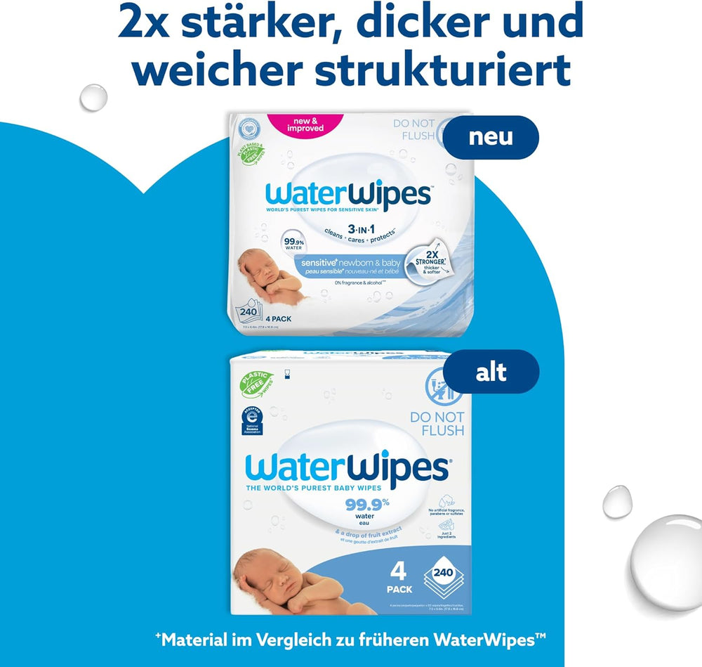 WaterWipes Sensitive+ Lingettes humides pour nouveau-nés et bébés, 240 unités (paquet de 4), nettoyage, entretien, protection 3 en 1, 99,9 % d'eau, sans parfum