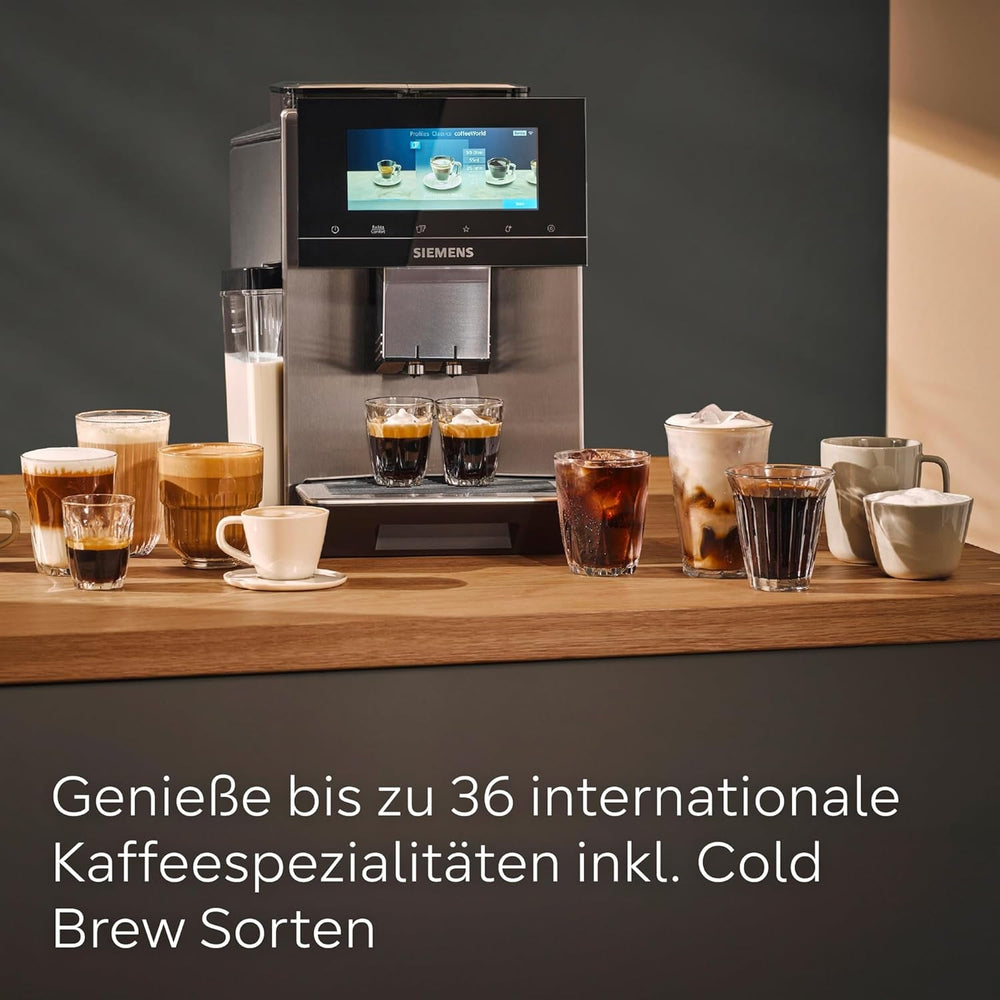 Machine à expresso automatique Siemens EQ900, grand écran couleur TFT, 2 réservoirs à grains, 36 boissons chaudes et froides, café froid, super silencieux, fonction deux tasses, contrôle par application, acier inoxydable, TQ907D03