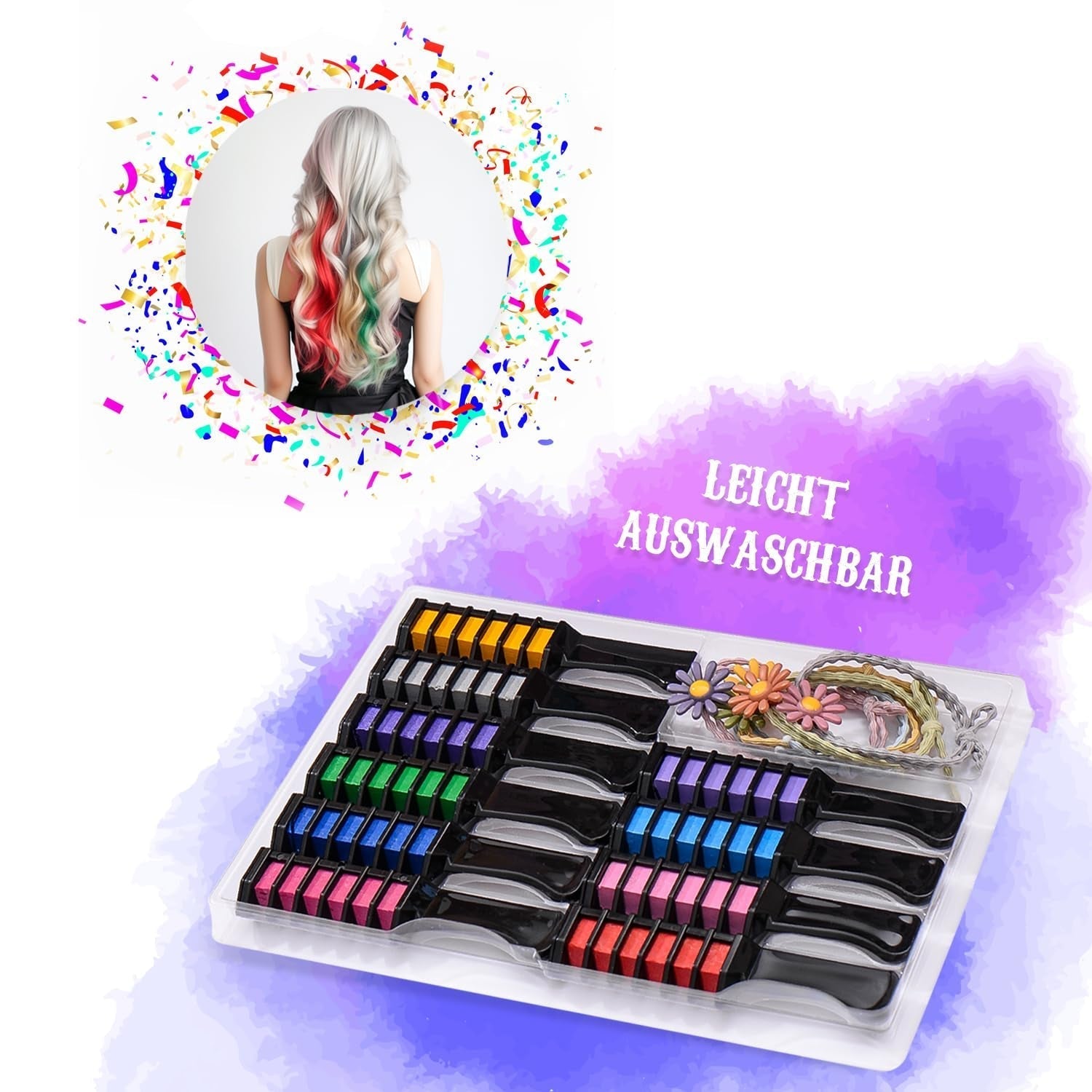 Craie à cheveux Magicat pour filles I 10 couleurs lavables et 5 élastiques à cheveux I Cadeau pour les filles de 4 à 10 ans I Cadeau créatif pour la fête d'anniversaire des enfants 2025 I Coloration pour cheveux Naty Shop sûre et colorée