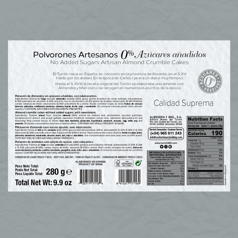 – Polvorones artisanales, 0% sucre ajouté, Qualité supérieure, Pâte typique de Noël, Recette artisanale, Emballé individuellement, 280 grammes