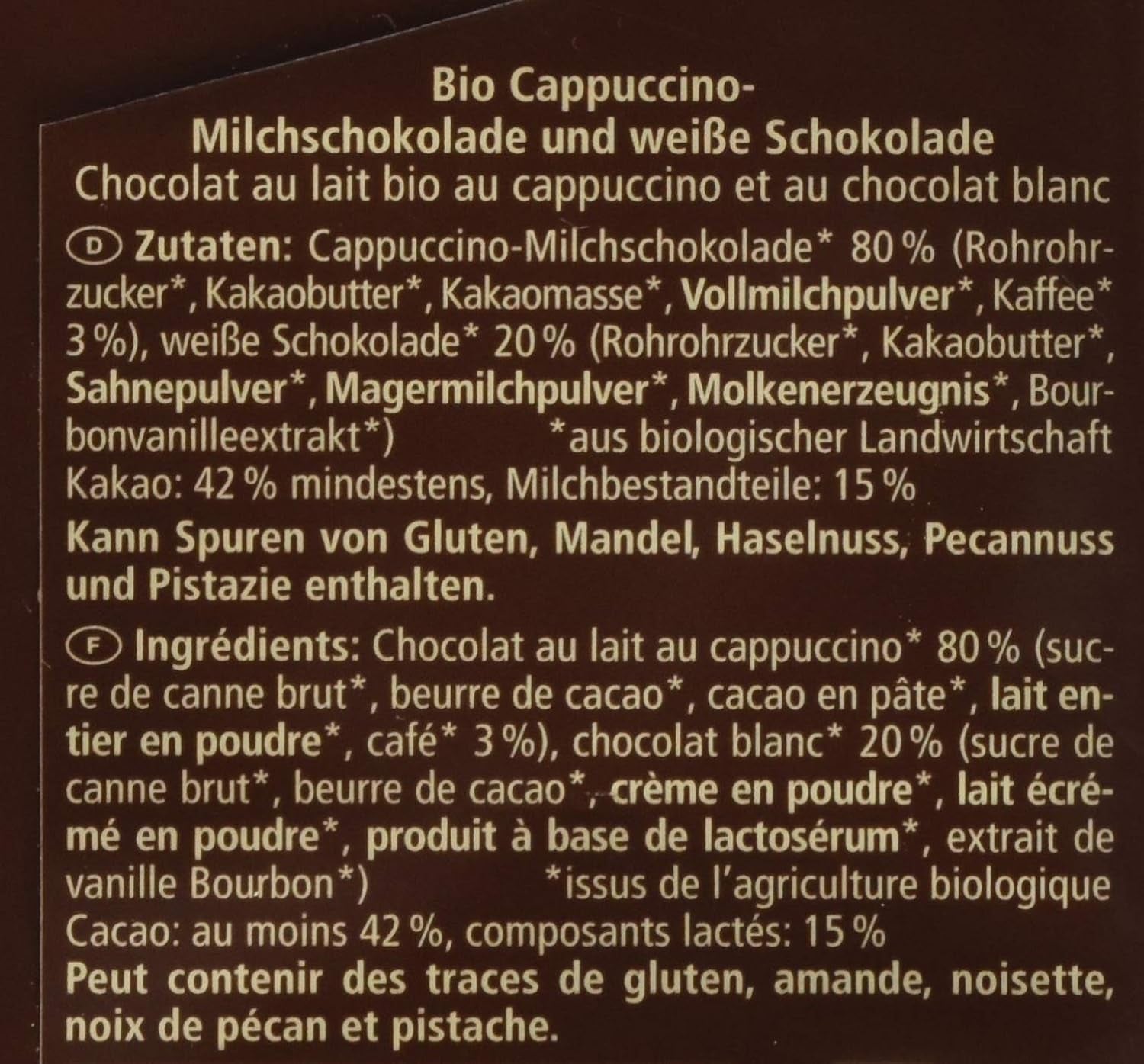 Chocolat bio fourré au cappuccino, 100g