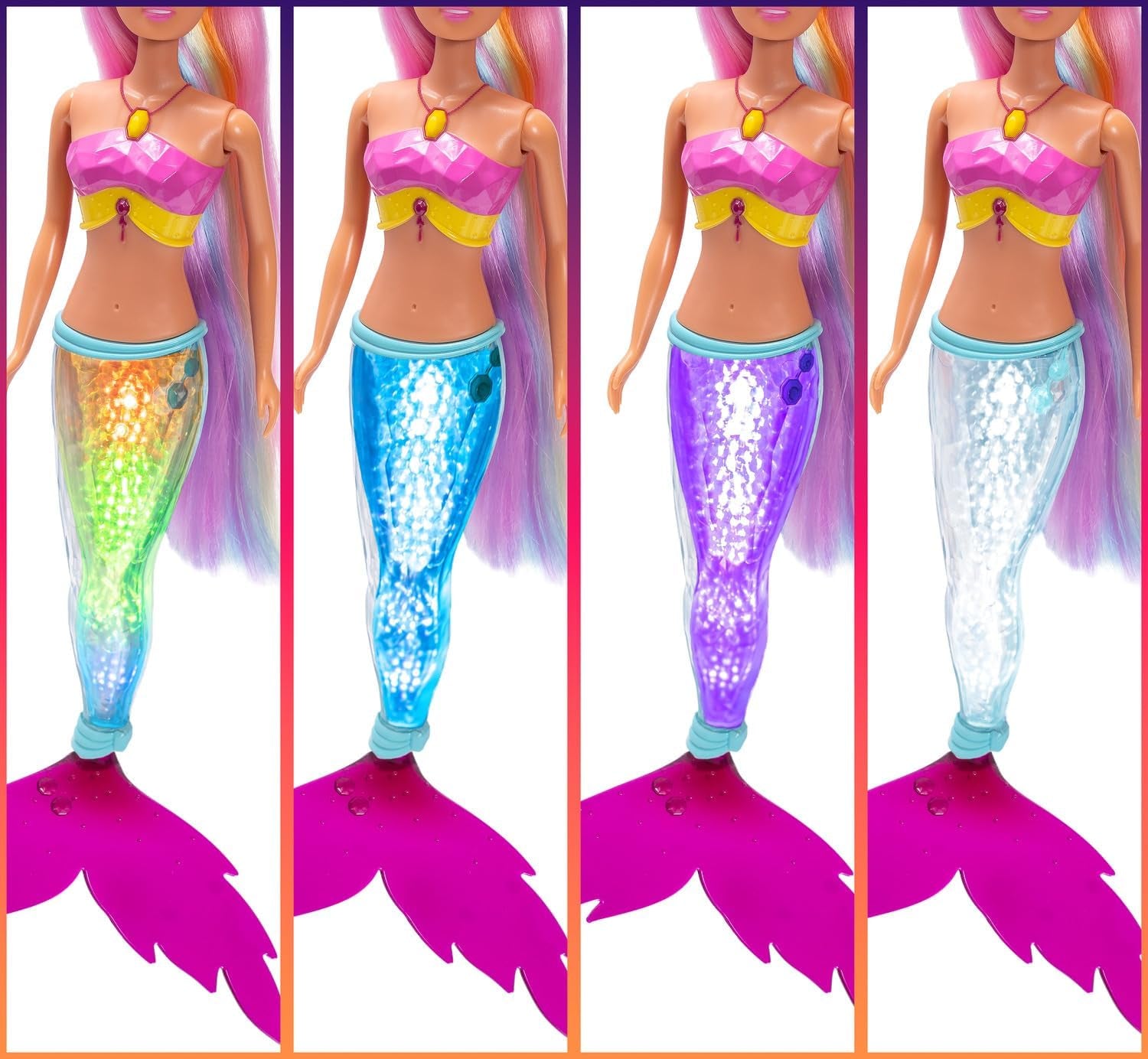 Simba Steffi Love Poupée sirène mermaizing avec fonction lumière arc-en-ciel, cheveux extra longs, figurine de dauphin et pinces à cheveux, hauteur 39 cm, fonction Try-Me, à partir de 3 ans