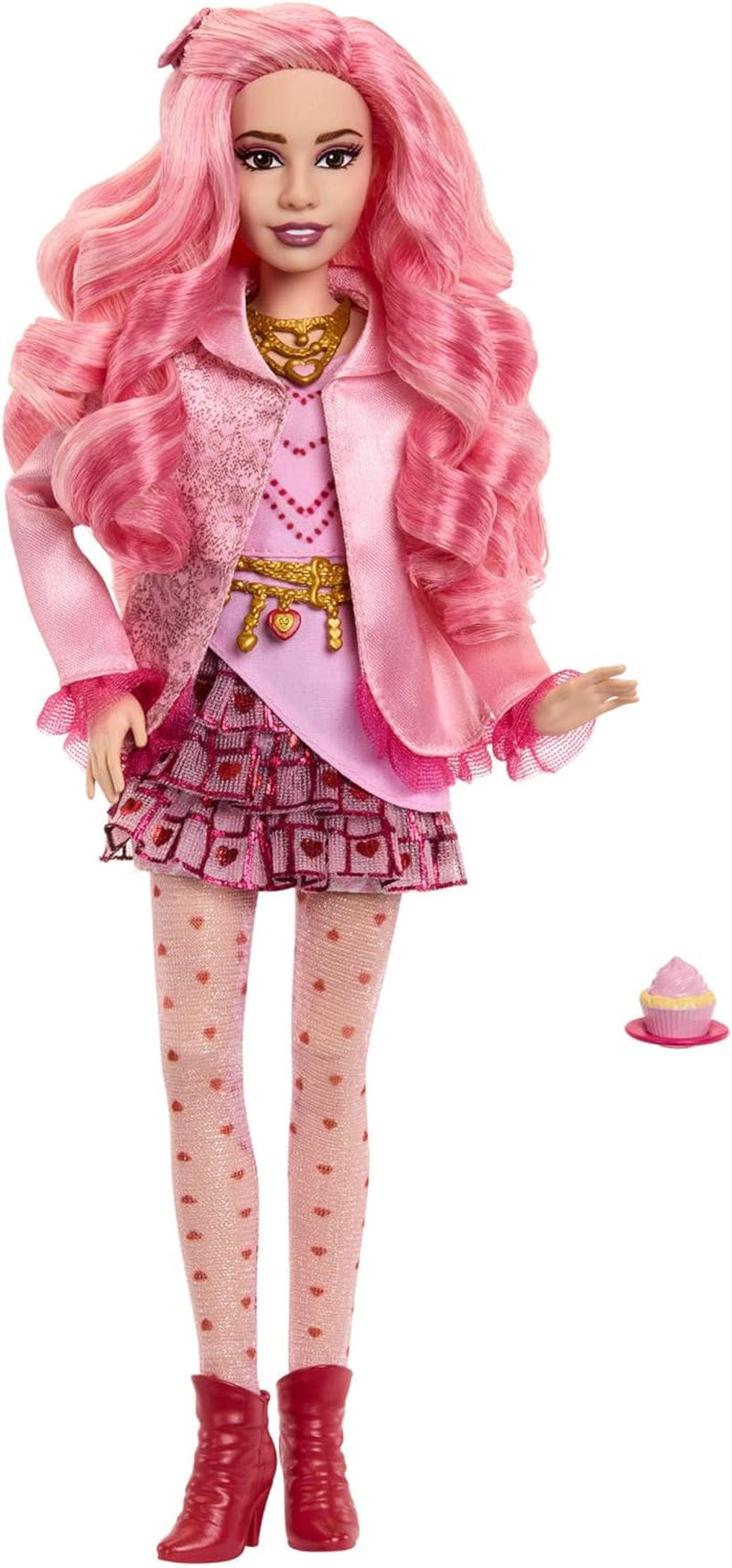 Mattel Disney Descendants: The Rise of Red Modepuppe und Accessoires – Bridget, die junge Herzkönigin, mit vom Film inspirierter Kleidung und Cupcake, HWT91