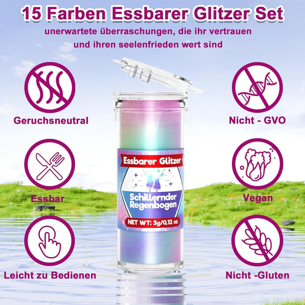 Paillettes comestibles pour boissons et gâteaux – 15 couleurs en poudre colorante alimentaire (3 g/couleur) | Paillettes comestibles sans changement de saveur | Idéal pour les cocktails, les gâteaux, les desserts et les décorations de pâtisserie