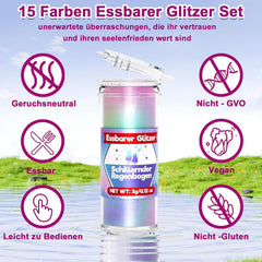 Paillettes comestibles pour boissons et gâteaux – 15 couleurs en poudre colorante alimentaire (3 g/couleur) | Paillettes comestibles sans changement de saveur | Idéal pour les cocktails, les gâteaux, les desserts et les décorations de pâtisserie