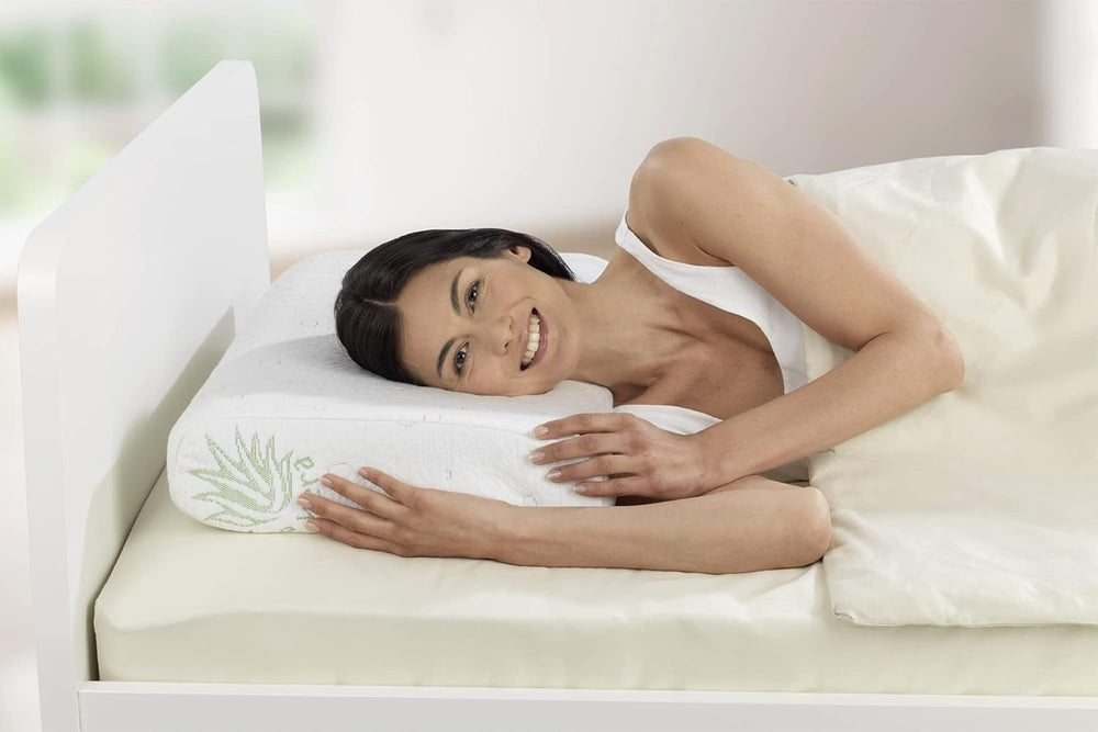 Oreiller de soutien cervical en visco Maximex, Oreiller de soutien respirant avec rembourrage en mousse ergonomique, Oreiller de soutien cervical réglable en hauteur et en hauteur pour un sommeil réparateur, Avec aloe vera Oreillers standards Naty Shop