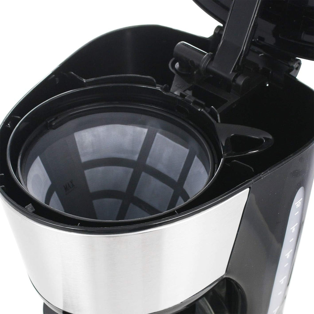Emerio CME-122933, Cafetière filtre, 1,25 L pour jusqu'à 10 tasses de café frais, filtre amovible permanent, fonction anti-goutte, carafe en verre, arrêt automatique, 1000 watts, noir/argent