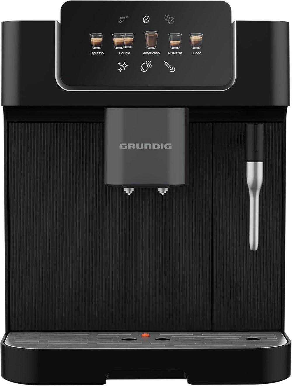 Machine à expresso entièrement automatique GRUNDIG KVA 6230 avec mousseur à lait, moulin en acier inoxydable avec 13 niveaux de mouture, réservoir à grains 250 g, réservoir d'eau amovible 2 litres, pression de pompe 19 bar, écran tactile, noir