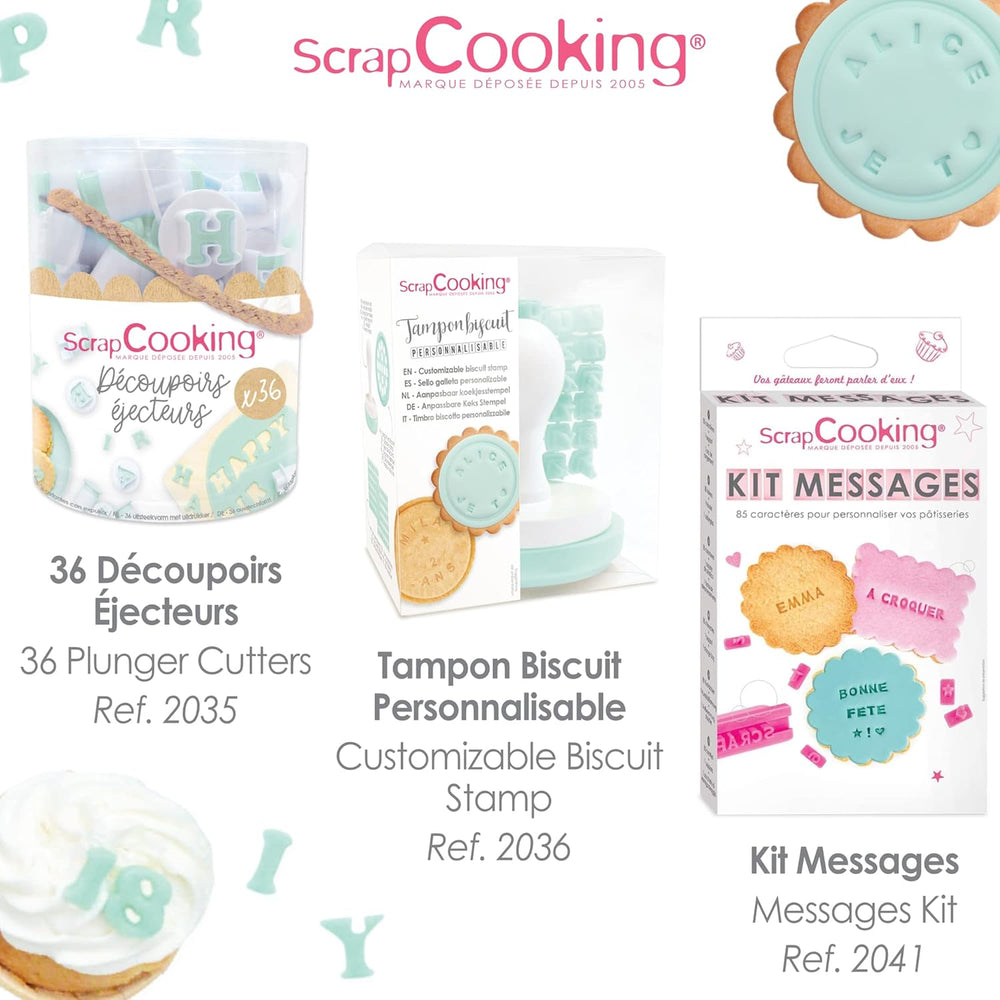 ScrapCooking 3700392420413 Ensemble de tampons à biscuits chiffres et lettres – pour fondant, biscuits, pâtisserie – matrices décorées sur mesure, plastique, rose