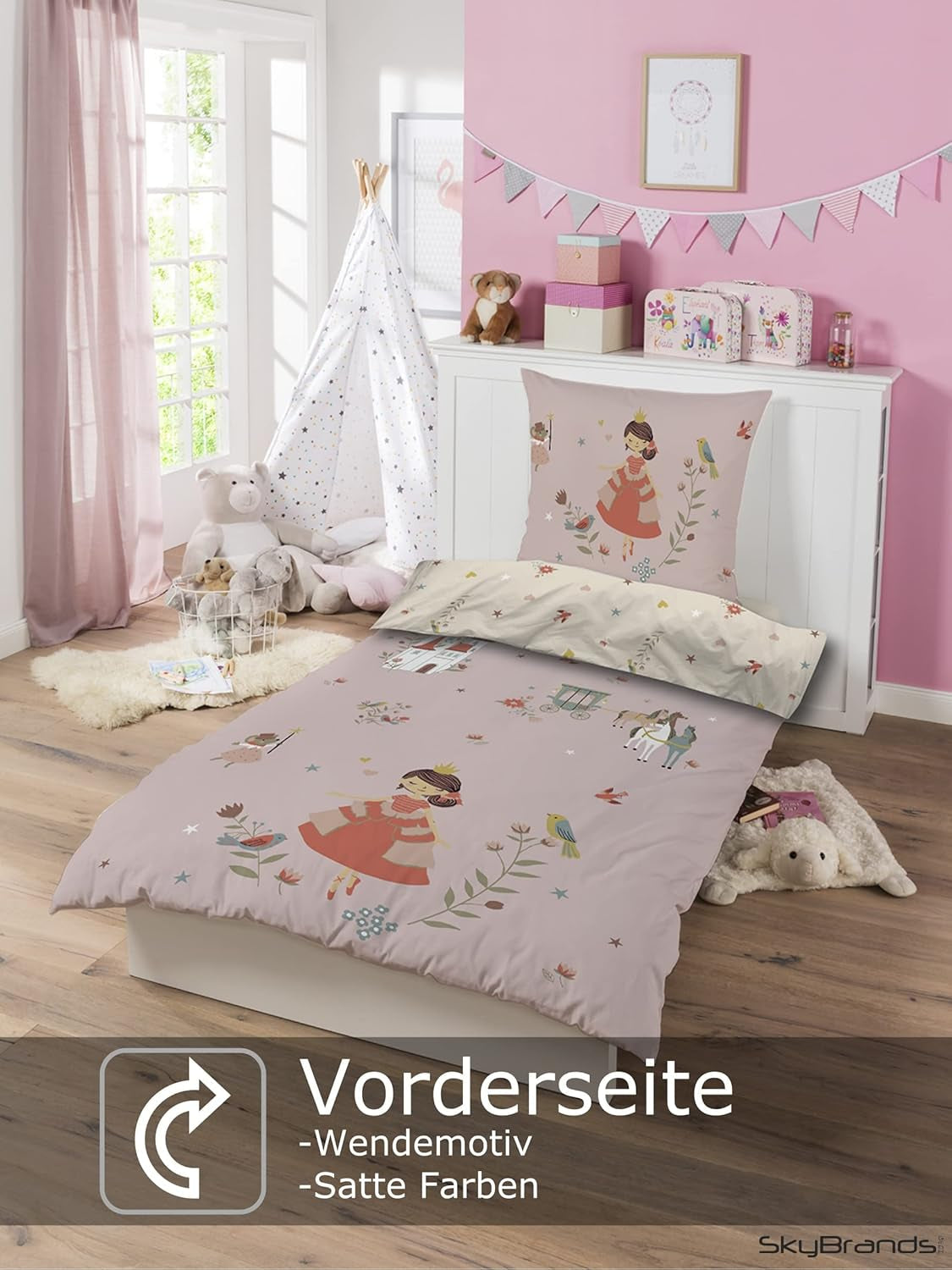 Skybrands Bettwäsche Prinzessin 135X200 [Mit Beutel] Einhorn Mädchen Bettwäsche Baumwolle 2 TLG. 1X Bettbezug 1X Kissenbezug Naty Shop