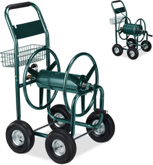 Dévidoir Relaxdays, jusqu'à 90 m, 4 pneumatiques, raccord à clic, enrouleur de tuyau en métal, distributeur de tuyau avec panier, vert