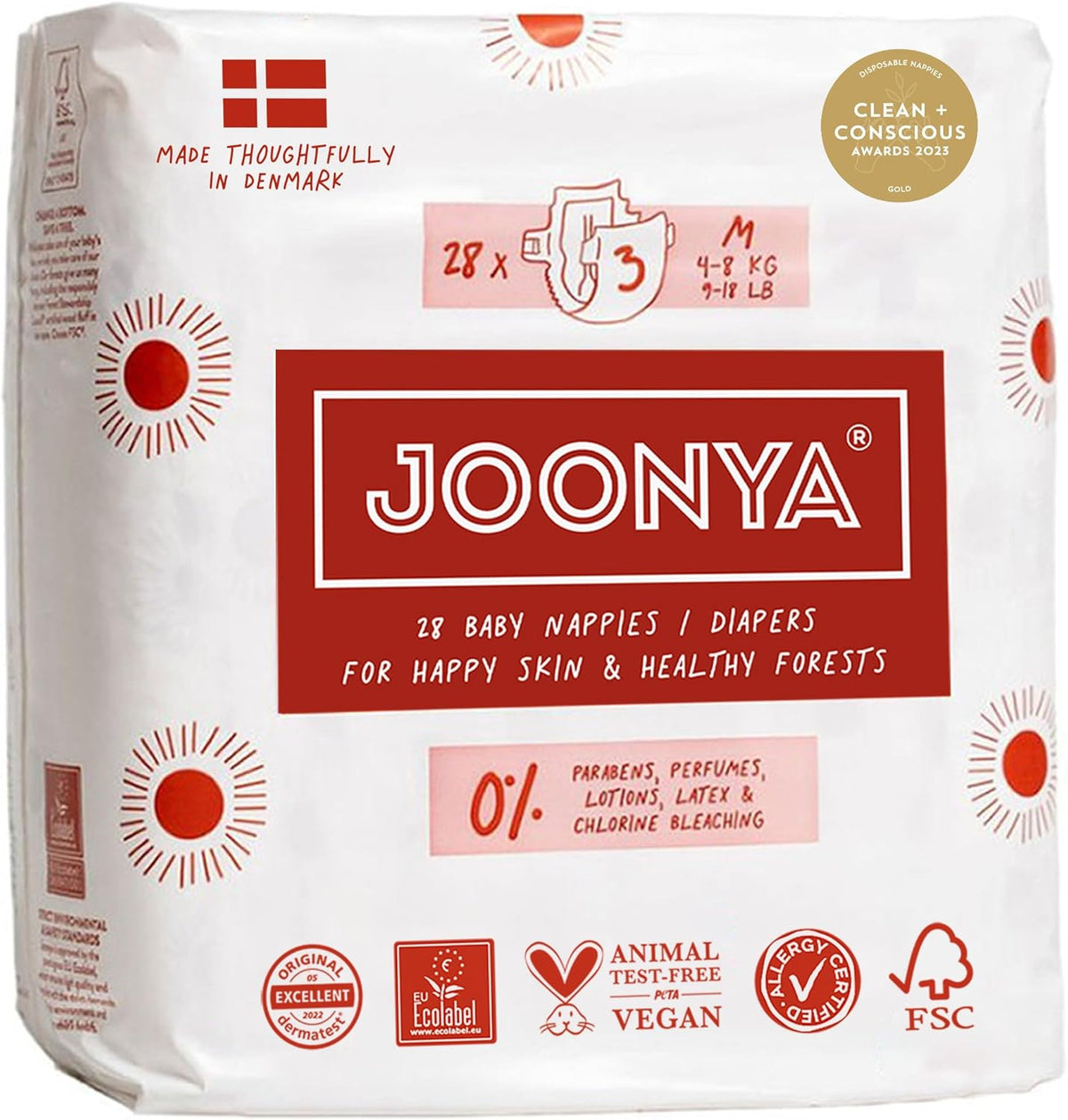 Couches bébé taille 3M (4-8 kg) - 1 sachet de 28 - Sans substances nocives, écologiques, très absorbantes, adaptées à un usage nocturne, ultra fines et douces - Fabriquées au Danemark