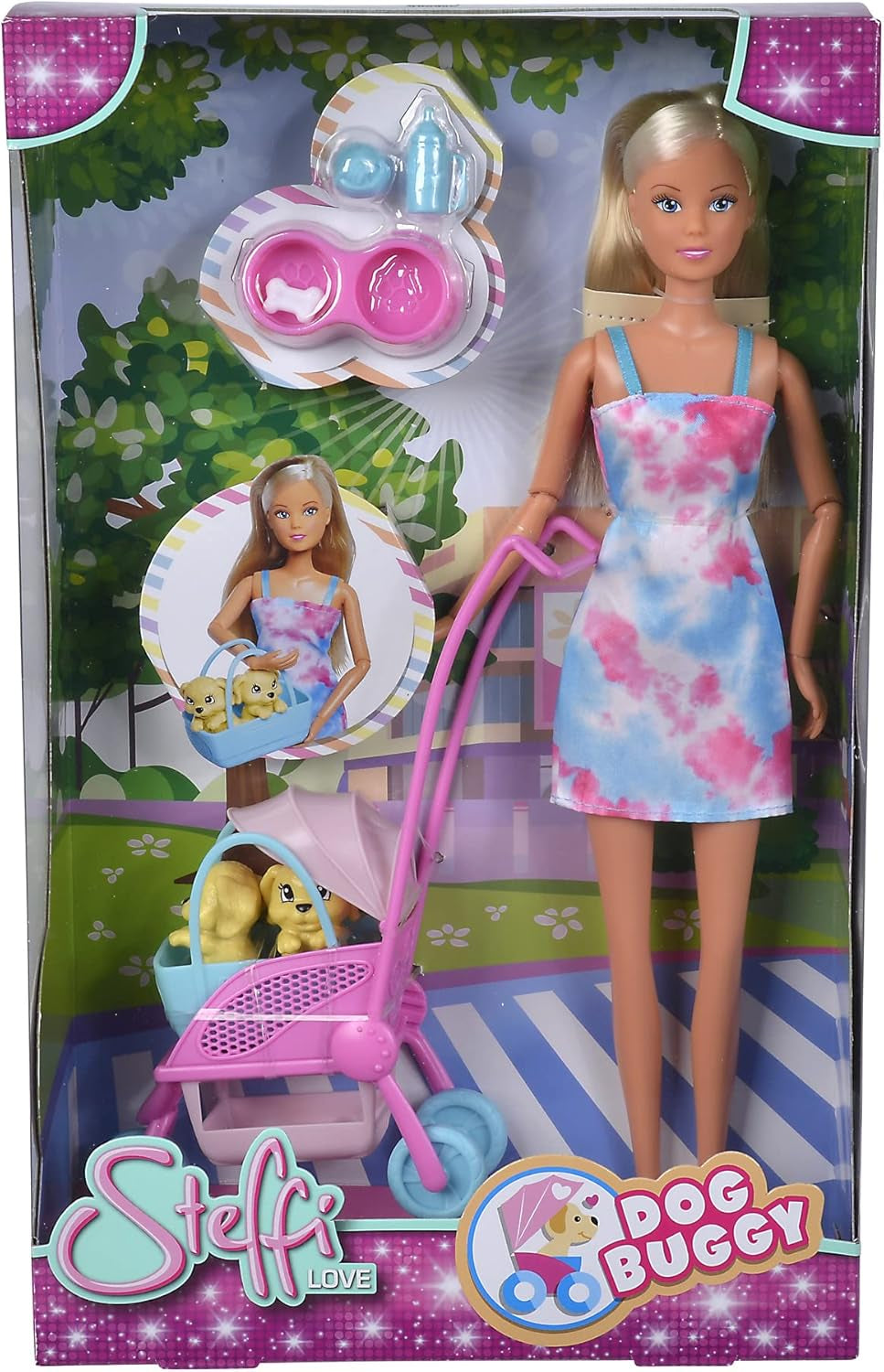 Simba Steffi Love Dog Buggy, jouet avec le buggy et deux chiens dans un chariot de transport pour animaux de compagnie, chien, 29 cm, à partir de 3 ans