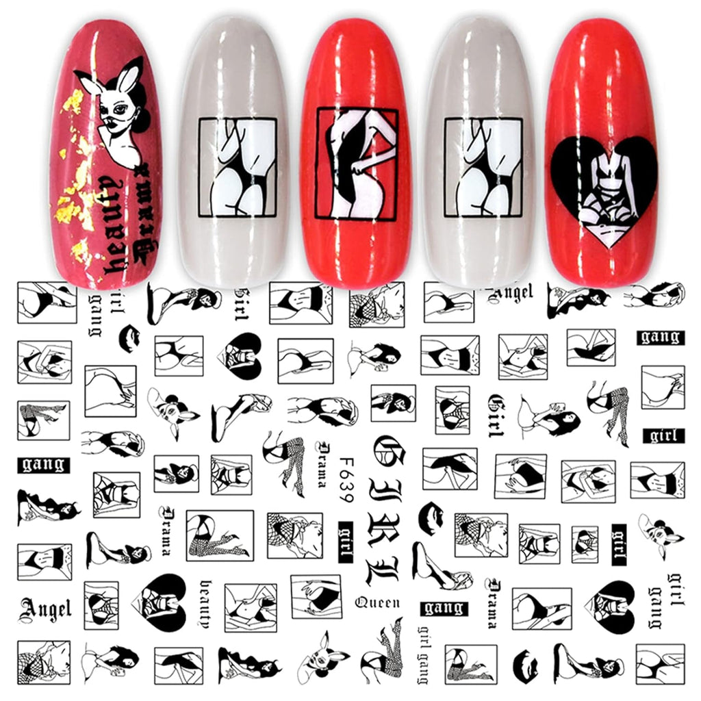 JMEOWIO Nagelsticker Geometrie 10 Blatt Nagelaufkleber Selbstklebend Schwarzes Herz Unregelmäßig Geformt Nail Art Sticker Dekoration Nageldesign Zubehör