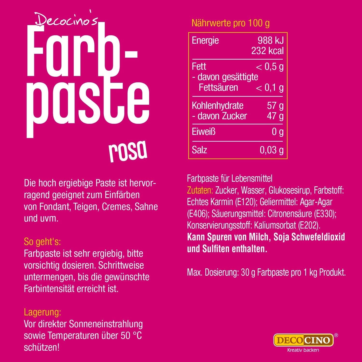 Pâte colorante rose DECOCINO - 20 g - Colorant alimentaire, idéal pour colorer gâteaux, fondants et crèmes - Sans acides gras azoïques ni gluten