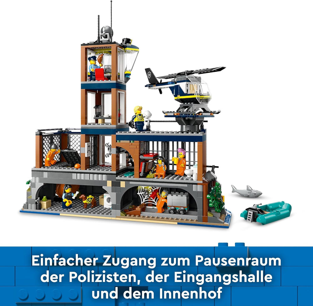 LEGO City Poste de police sur l'île-prison, jouet de police avec hélicoptère, botte et Hai, ensemble avec 7 figurines et chien, cadeau d'anniversaire pour garçons et filles à partir de 7 ans 60419