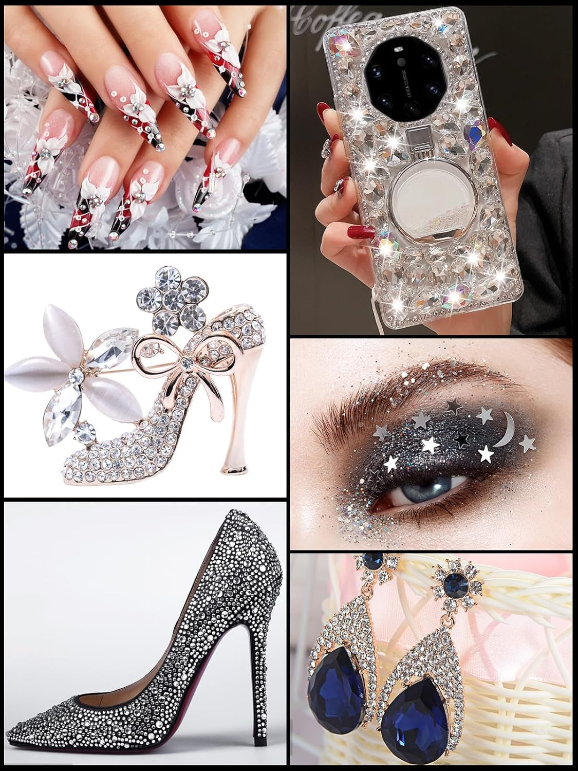 EBANKU Nail Art Strass Kit Multi Design Zubehör Mit 1 Pinzetten 1 Stück Wachsstifte Deko Diamanten Kristalle Perlen Edelsteine ​​​​Bunt Pferdeaugen Strass Metall Nieten Für Nagel DIY (1 Stück (10Er Pack))