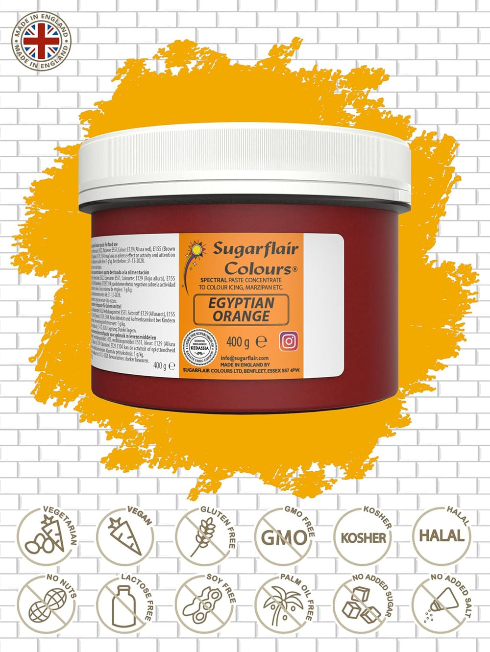 Sugarflair Colorant Alimentaire pour Pâtes, Orange Egyptienne, Colorant Alimentaire pour Pâtes, Fondant et Massepain, Couleurs Concentrées Spectrales - 400g