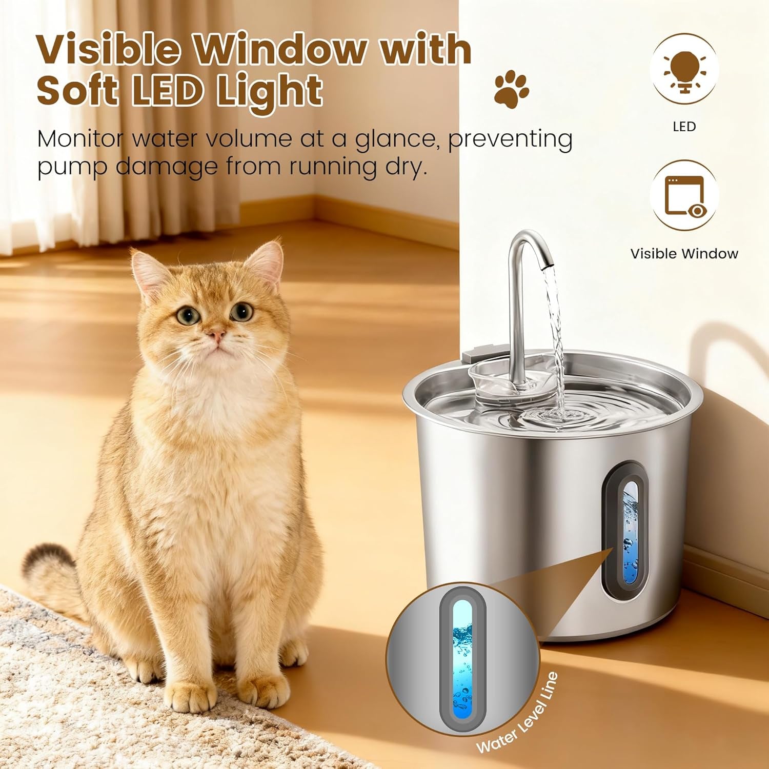 Katzenbrunnen Edelstahl 2.2L, Rever Ultraleiser Trinkbrunnen für Katzen mit Wasserstandsfenster, 3-Stufiges Filtersystem, Wasserspender für Katzen, Hunde & Kleintiere, Edelstahl Katzenbrunnen