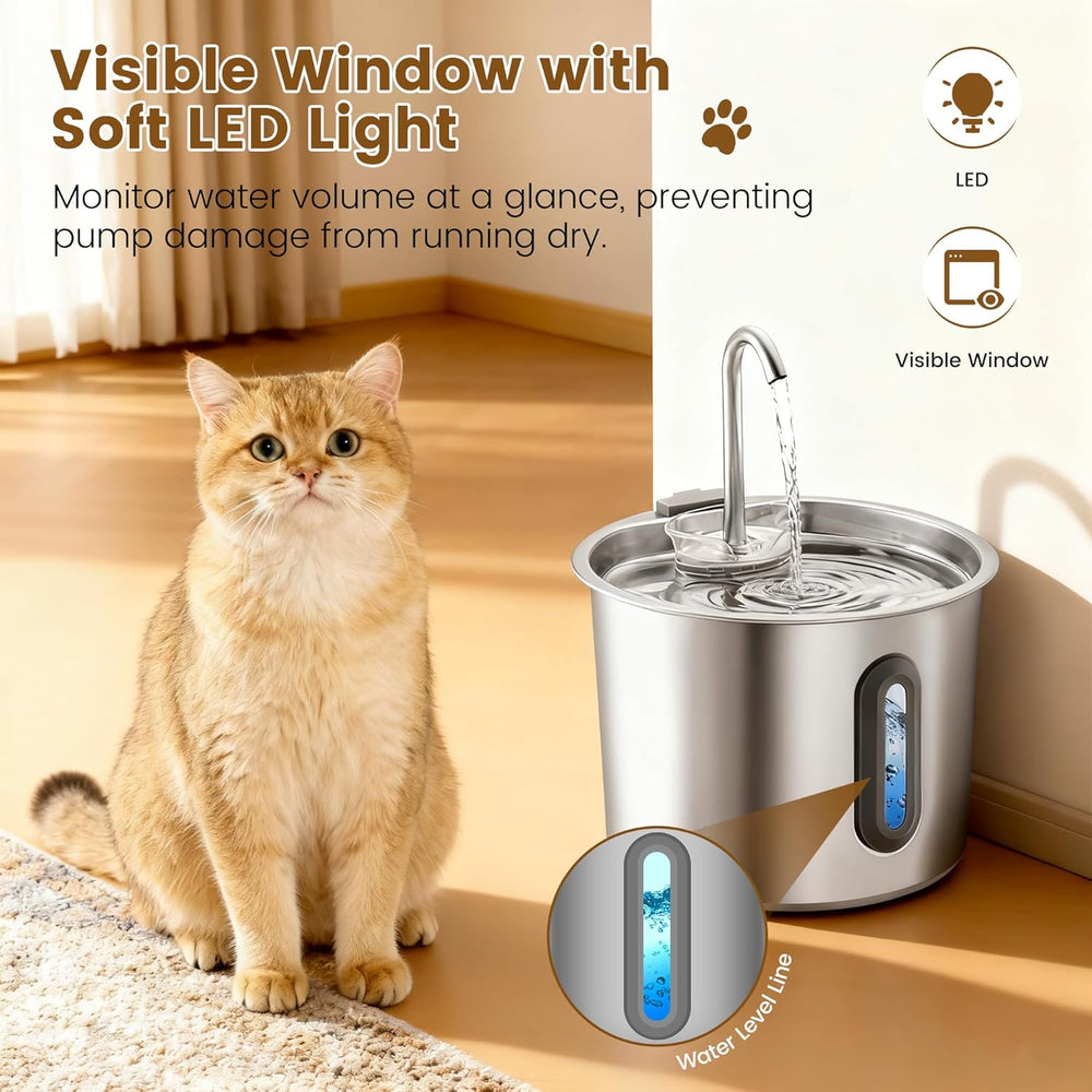 Katzenbrunnen Edelstahl 2.2L, Rever Ultraleiser Trinkbrunnen für Katzen mit Wasserstandsfenster, 3-Stufiges Filtersystem, Wasserspender für Katzen, Hunde & Kleintiere, Edelstahl Katzenbrunnen