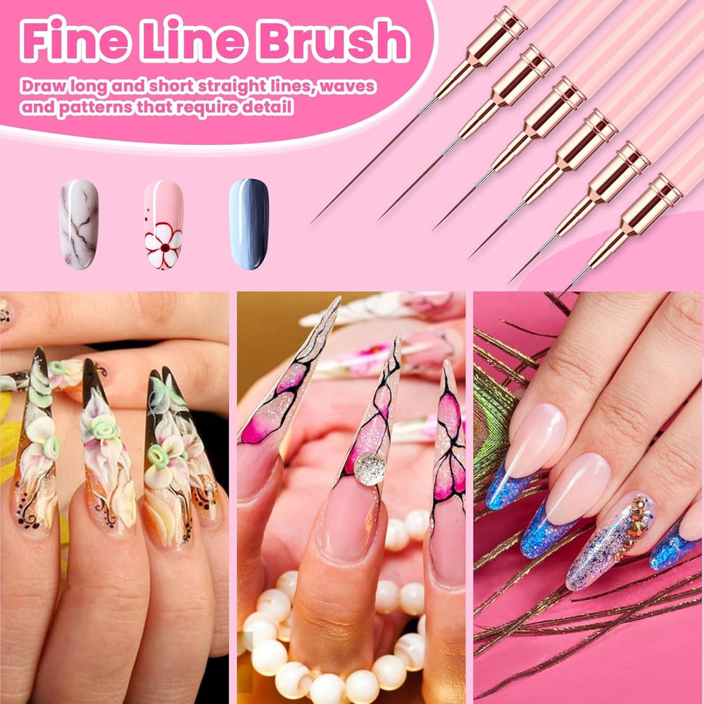 6 pièces Liner Nailart Pinsel Nageldesign Pinsel Set Dünn Acryl Nagelpunkt-Zeichenwerkzeug Nägel Dünne Nagelpinsel Set pour Lange Linien, Dünne Détails, Fines Zichnen 5/7/9/11/15/25 Mm (Rose)