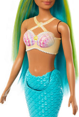 Barbie Meerjungfrau-Puppe mit fantasievollem zweifarbigem Haar in Blau und Gelb, Haarband, Puppe mit Muscheloberteil und türkisfarbener Schwanzflosse, HRR03