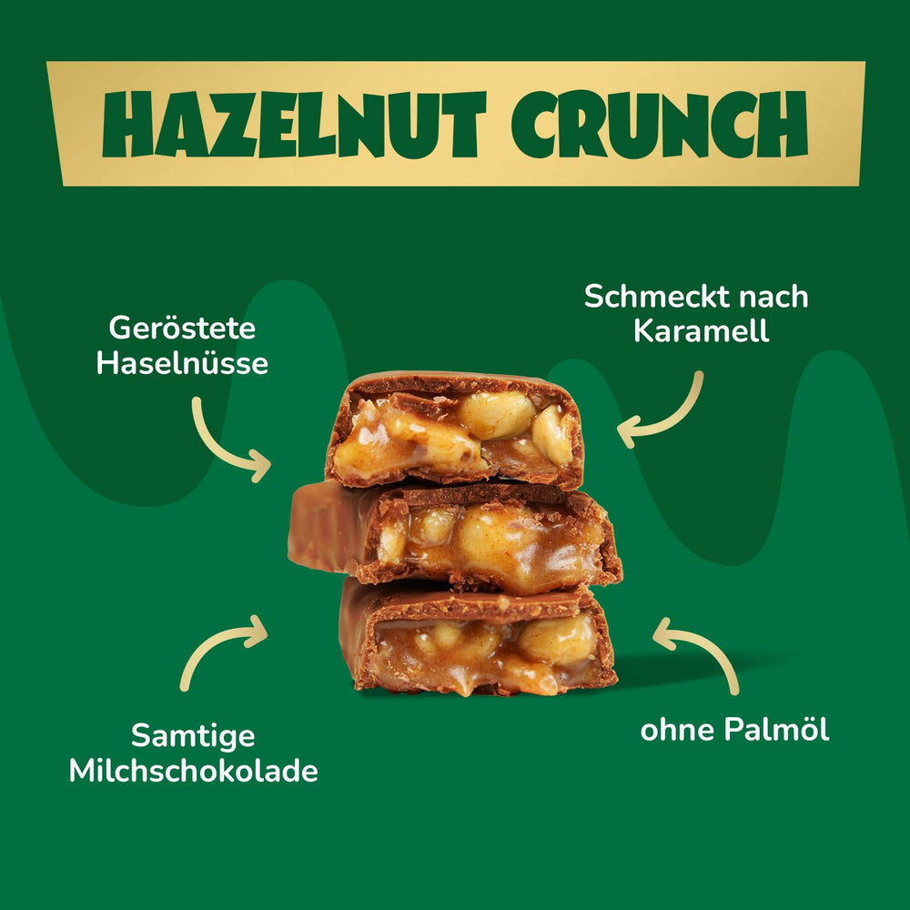 Barres de chocolat au caramel et aux noisettes à venir | 12 tablettes de chocolat x 35 g sans sucre ajouté | 1,9 g de sucre par barre | Goût croquant de noisette et de caramel | Bonbons à faible teneur en glucides | Pas d'huile de palme