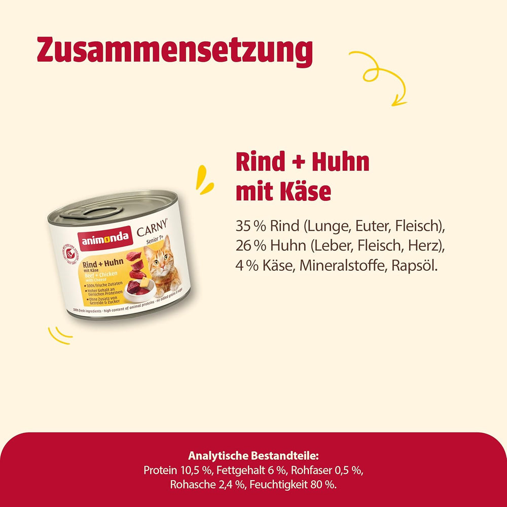 Animonda Carny Senior Nourriture humide pour chats au bœuf + poulet + fromage (6 x 200 g), nourriture humide sans céréales et sans sucre pour chats de 7 ans et plus, avec des ingrédients frais et carnés