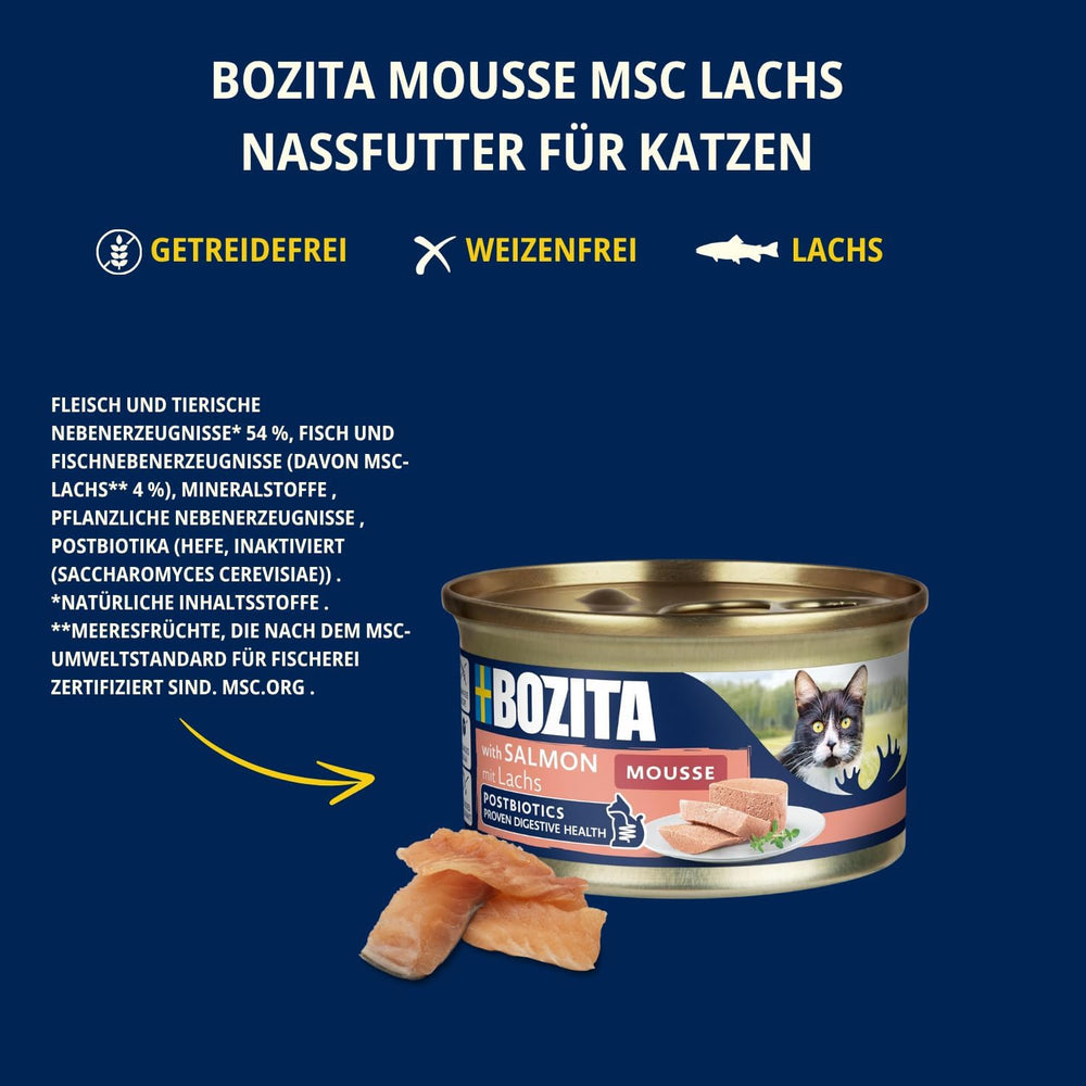 Bozita Mousse MSC Salmon – 12 x 85 g hrană umedă pentru pisici cu textură fină de mousse și somon – rețetă fără cereale, fără zahăr adăugat sau coloranți – cu postbiotice pentru susținerea florei intestinale
