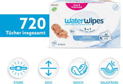 Lingettes humides WaterWipes Sensitive+ pour nouveau-nés et bébés, 720 unités (paquet de 12), nettoyage 3 en 1, entretien, protection, 99,9 % d'eau, sans parfum