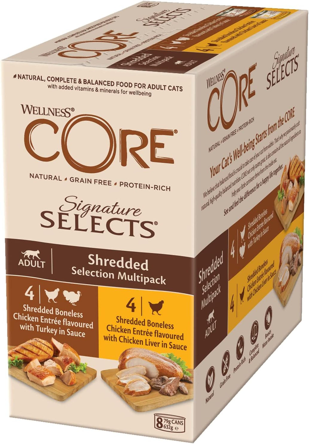 Wellness CORE Signature Selects 8 x 79g, Mélange Poulet et Dinde - Nourriture humide pour chat, délicieuses lanières en sauce, sans céréales, naturelle, hypoallergénique, riche en protéines, riche en viande