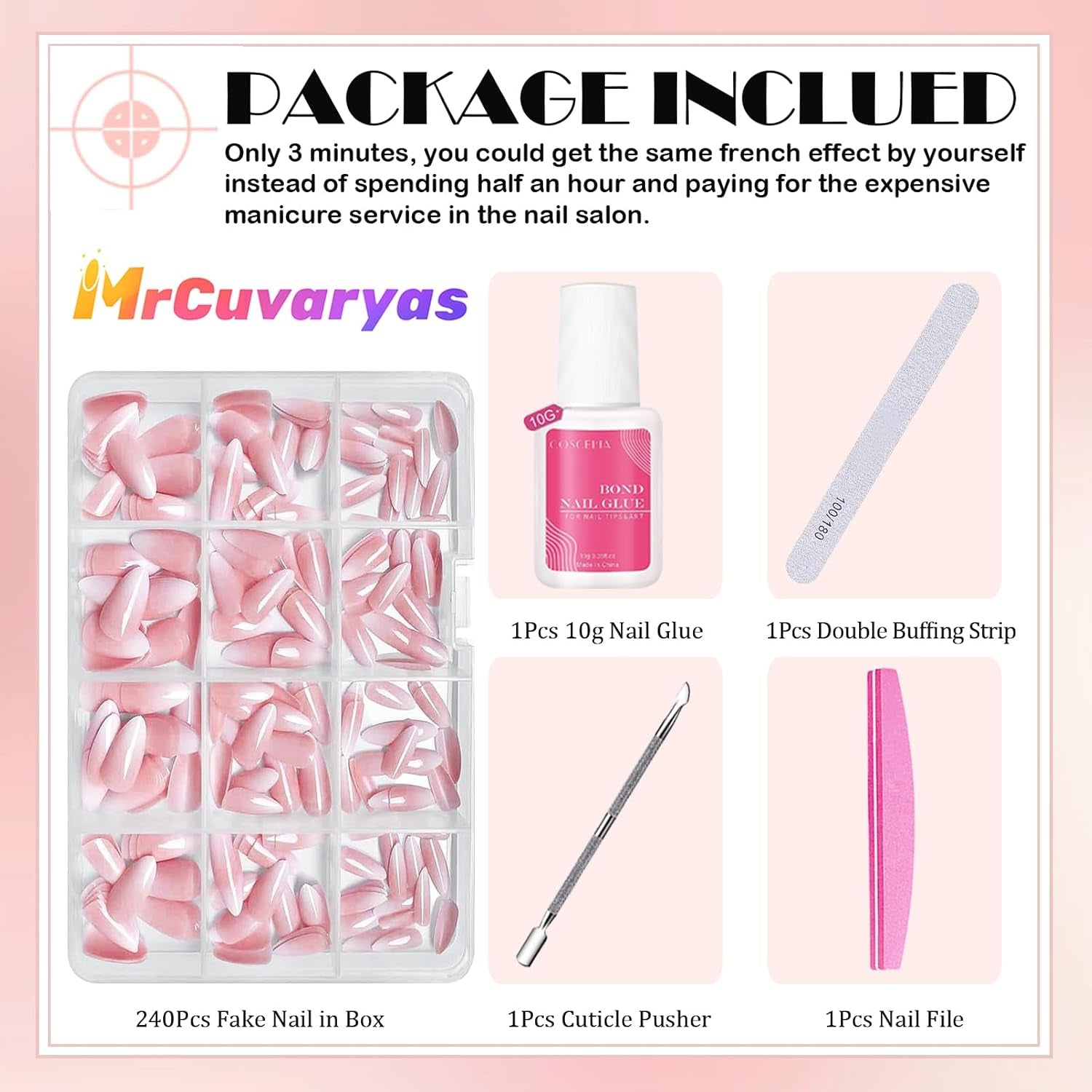 Set de unghii false - 240 de bucăți, unghii false franțuzești, pentru lipit - Design gradient alb roz, unghii artificiale, acoperire completă, gel moale, naturale și confortabile la purtare (migdală roz)