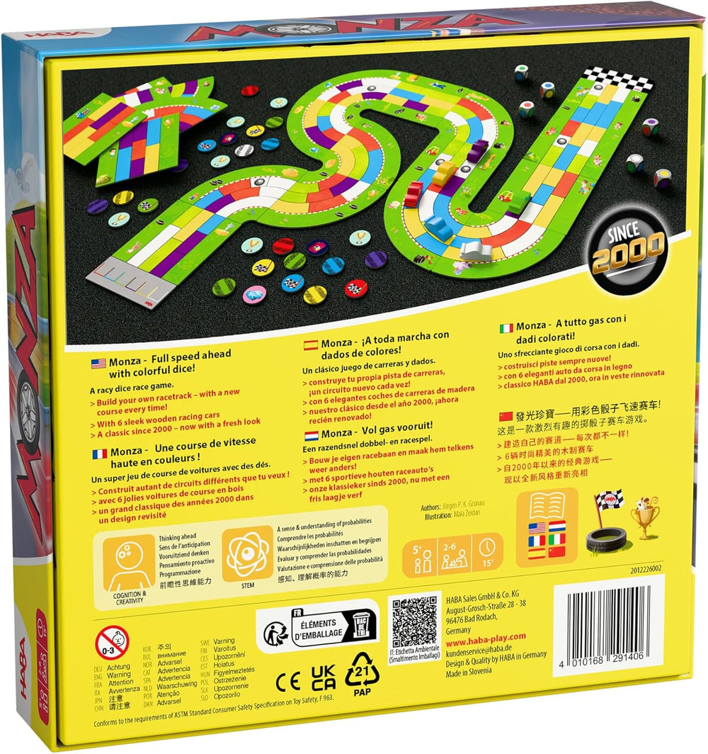 HABA Monza - Jeu de société rapide et jeu de course automobile pour enfants à partir de 5 ans - Avec 6 voitures en bois colorées et dés colorés - 2012226001