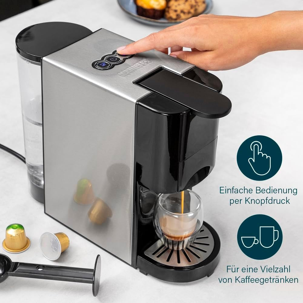 Machine à expresso multicapsules Princess 4 en 1 - 1450 watts, capsules, dosettes, café moulu, sans BPA, 249450, 01.249450.01.001, noir, argent