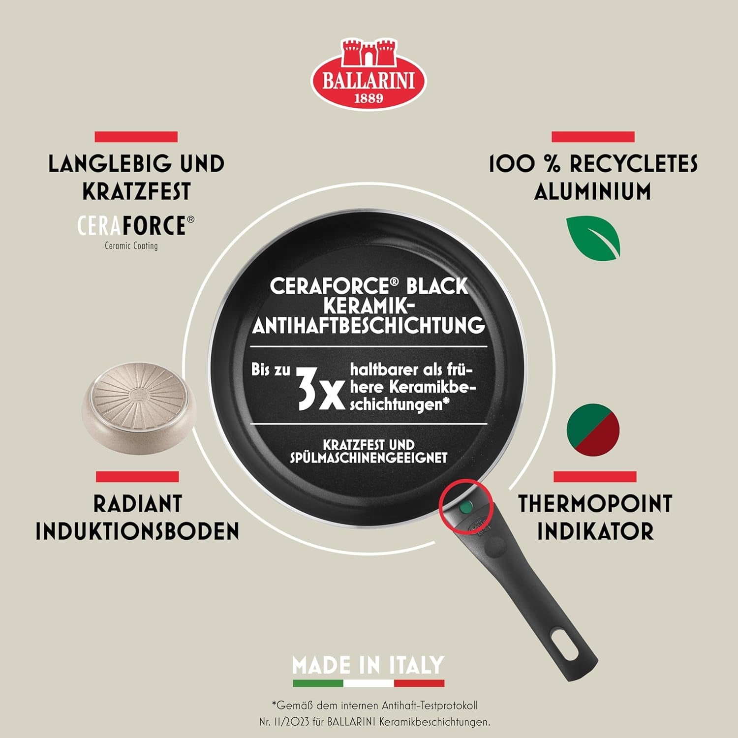 Poêle Ledro, 24 cm, aluminium, compatible induction, revêtement céramique antiadhésif, Thermopoint, Made in Italy, beige Casseroles et poêles Naty Shop