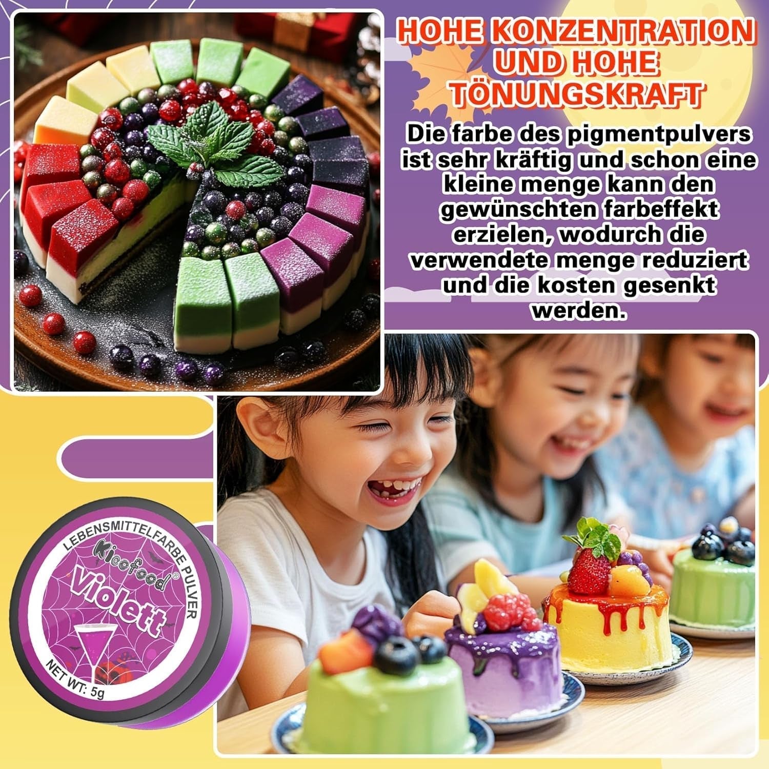 Colorant alimentar pudră - 4 culori colorant alimentar, colorant alimentar concentrat, colorant alimentar roșu verde albastru violet pentru decorarea torturilor, copt, glazură, desert, gătit - 5G